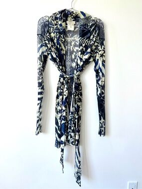 Fuzzi Vintage Belted Sheer Wrap Cover-up Cardigan in an Abstract Print - Italy